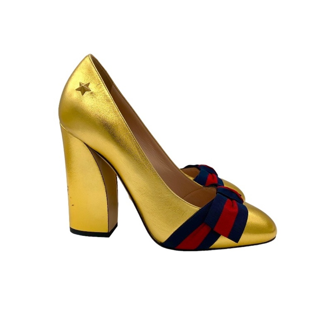 Gucci Metallic Gold Web Bow Block Heel Pumps